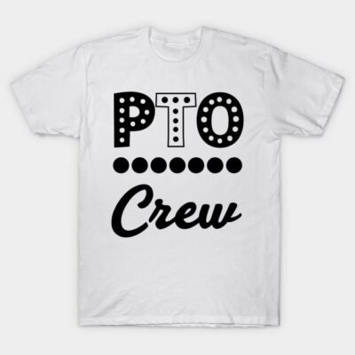 White "PTO Crew" T-shirt with bold black lettering, casual style, perfect for team events or community gatherings.