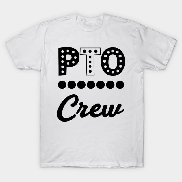 White "PTO Crew" T-shirt with bold black lettering, casual style, perfect for team events or community gatherings.