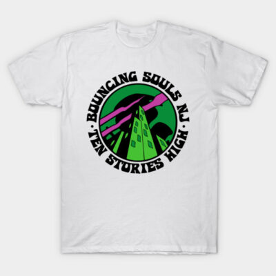 White T-shirt with colorful graphic design featuring a building and text, perfect for casual wear or gifting.