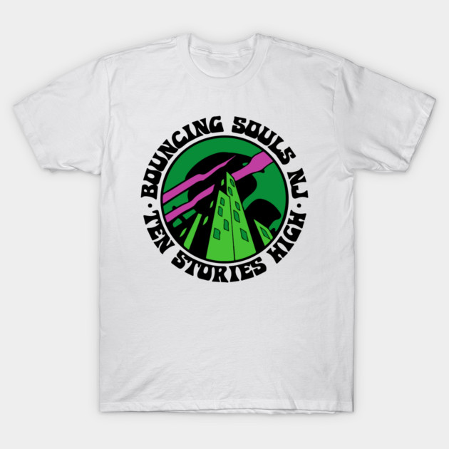 White T-shirt with colorful graphic design featuring a building and text, perfect for casual wear or gifting.