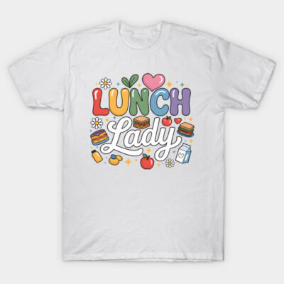 White t-shirt with colorful "Lunch Lady" graphic, featuring sandwiches and apples, casual style, cotton material.