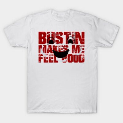 White cotton t-shirt with red text design and smiling face graphic, casual style for everyday wear.