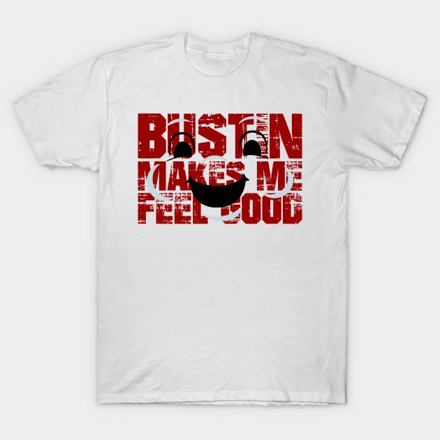 White cotton t-shirt with red text design and smiling face graphic, casual style for everyday wear.