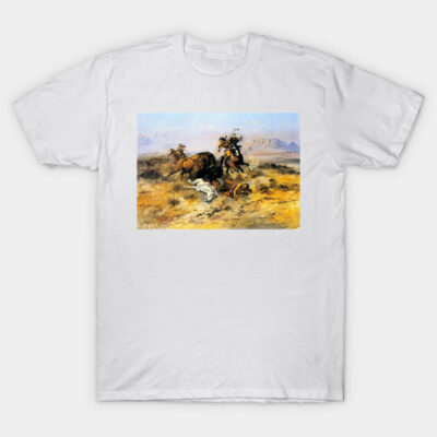 White T-shirt with vintage Western painting print, featuring cowboys and buffalo on the front, casual cotton style.