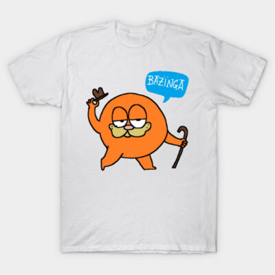 White t-shirt with cartoon orange character design, holding cane and hat, text "Bazinga" in speech bubble, casual style.