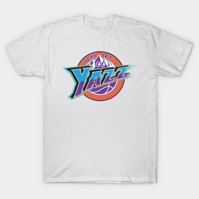 White t-shirt with colorful retro basketball logo design, casual style, perfect for sports enthusiasts or everyday wear.