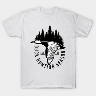 White t-shirt with black duck hunting season graphic, featuring a flying duck and forest silhouette, cotton material.