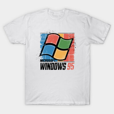 White cotton t-shirt with retro Windows 95 logo, colorful vintage style design, casual wear.