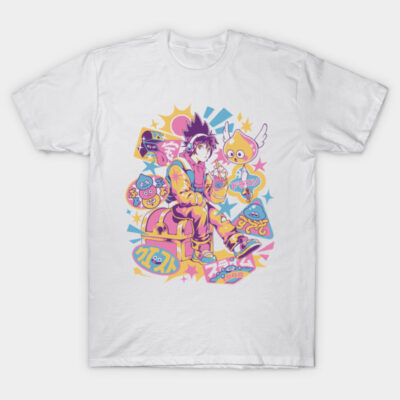 White t-shirt with colorful anime print, featuring vibrant characters and abstract designs. Casual and stylish apparel.