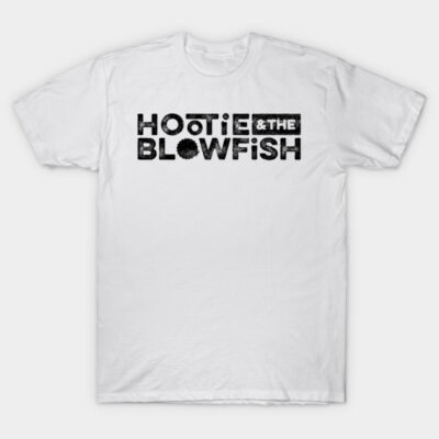 White cotton t-shirt with black "Hootie & the Blowfish" graphic print, casual style for everyday wear.