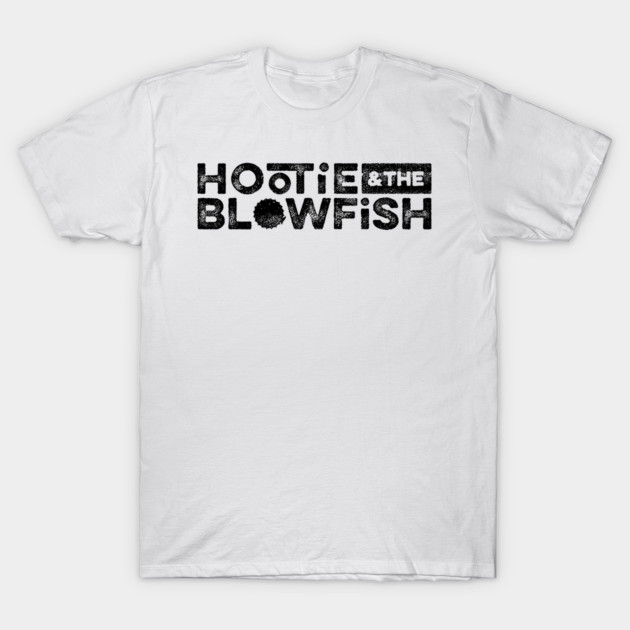 White cotton t-shirt with black "Hootie & the Blowfish" graphic print, casual style for everyday wear.