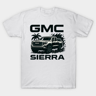 White T-shirt featuring GMC Sierra truck graphic and palm tree design in bold black print. Perfect for casual wear.