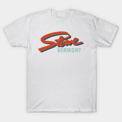 White Stowe Vermont T-shirt, bold red and blue text, casual style, perfect for everyday wear, 100% cotton material.
