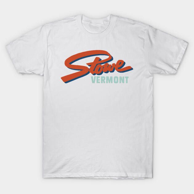 White Stowe Vermont T-shirt, bold red and blue text, casual style, perfect for everyday wear, 100% cotton material.