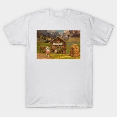 White t-shirt featuring a rustic cabin scene with haystacks, ideal for casual wear and nature enthusiasts.