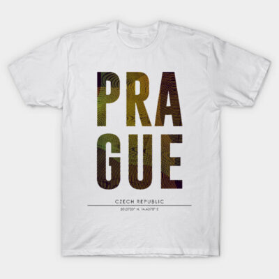White Prague text T-shirt, casual style, featuring bold lettering and coordinates, perfect for travel enthusiasts.