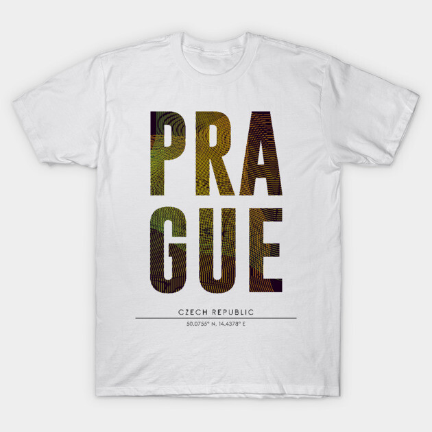 White Prague text T-shirt, casual style, featuring bold lettering and coordinates, perfect for travel enthusiasts.