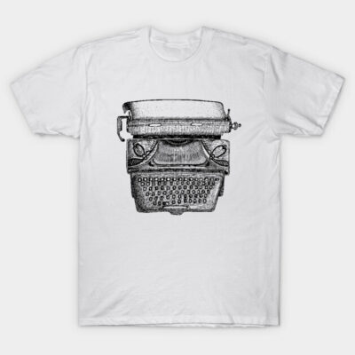 White T-shirt with vintage typewriter print, 100% cotton, casual style, unisex design, perfect for everyday wear.