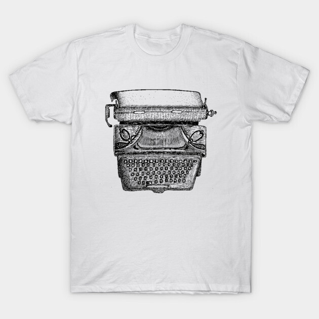 White T-shirt with vintage typewriter print, 100% cotton, casual style, unisex design, perfect for everyday wear.
