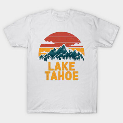 White Lake Tahoe t-shirt with vintage mountain graphic, orange and red sunset design, casual cotton apparel.