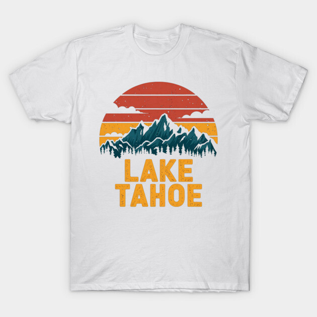 White Lake Tahoe t-shirt with vintage mountain graphic, orange and red sunset design, casual cotton apparel.