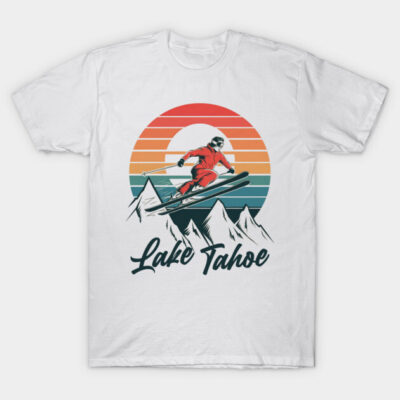 White T-shirt with Lake Tahoe ski graphic, retro sunset colors, casual wear, 100% cotton, unisex style.