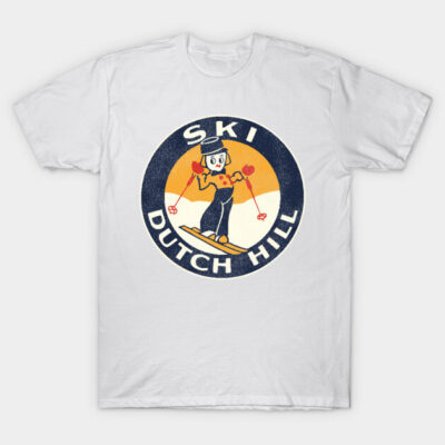 White t-shirt with retro Ski Dutch Hill logo, featuring a skier illustration. Vintage style, casual wear, cotton material.