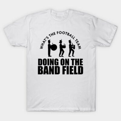 White cotton t-shirt with humorous band field graphic, perfect for music lovers and casual wear.