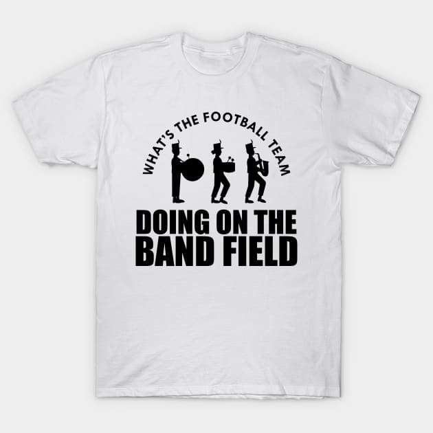 White cotton t-shirt with humorous band field graphic, perfect for music lovers and casual wear.