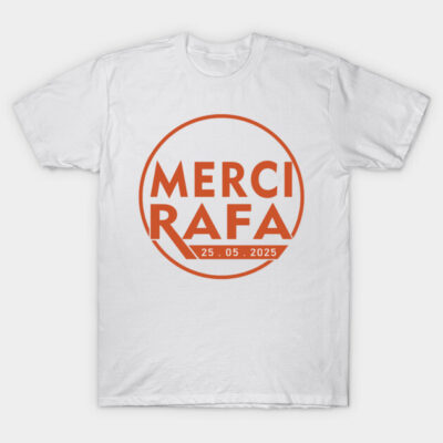 White T-shirt with orange "Merci Rafa" print, casual style, cotton material, perfect for everyday wear.