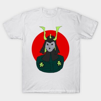 Funny Cute Samurai Kat-cat wearing samurai mask, ronin helmet and samurai armour - with redsun background-  red black and gold samurai kitty- katana welding swordsman kitten T-Shirt by AnanthKDileep