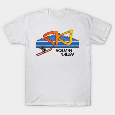 White "Ski Squaw Valley" graphic T-shirt, featuring colorful ski motif, ideal for casual wear or winter sports enthusiasts.