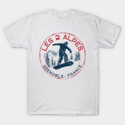 White t-shirt featuring "Les 2 Alpes" graphic, snowboarder design, ideal for casual wear, cotton material.