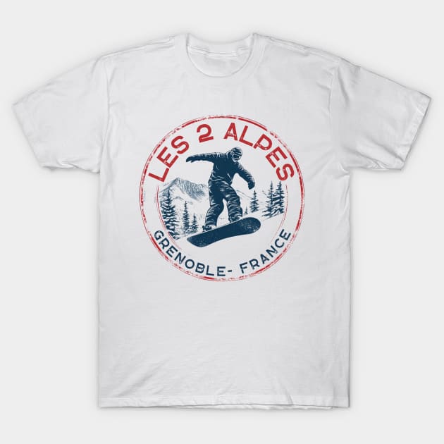 White t-shirt featuring "Les 2 Alpes" graphic, snowboarder design, ideal for casual wear, cotton material.