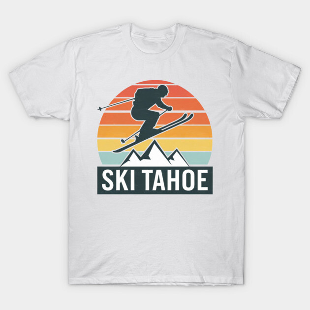 White "Ski Tahoe" T-shirt with retro sunset design, skier silhouette, and mountain graphic. Casual wear, cotton material.