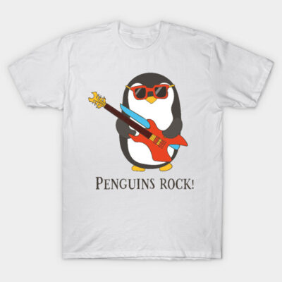 White unisex t-shirt with "Penguins Rock" graphic, featuring a cartoon penguin playing a guitar, perfect for casual wear.