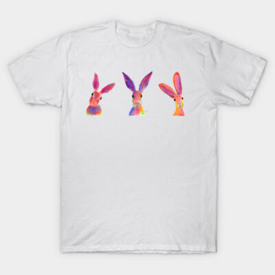 White cotton T-shirt with colorful abstract bunny print, casual wear.