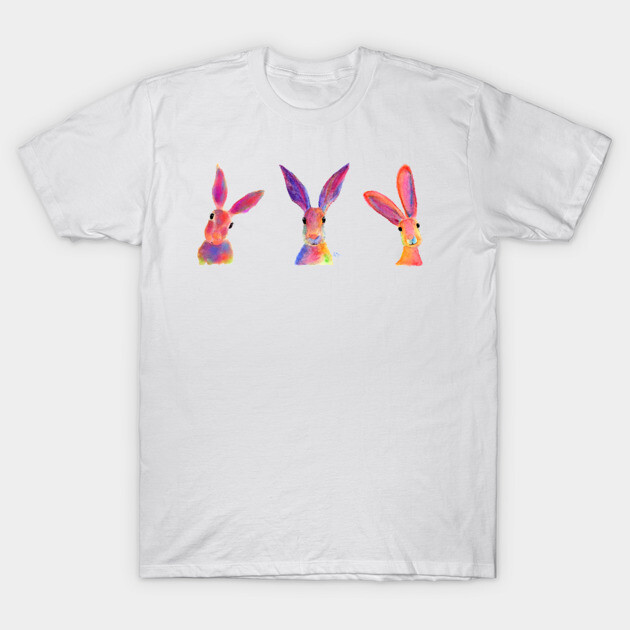 White cotton T-shirt with colorful abstract bunny print, casual wear.