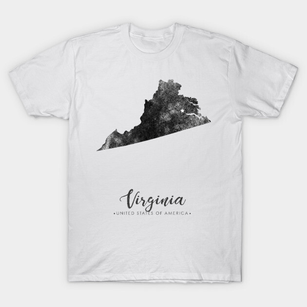 White T-shirt with black Virginia map print, casual style, cotton material, ideal for everyday wear.