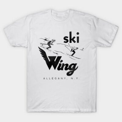 White Ski Wing T-shirt featuring vintage Allegany NY ski graphic, casual style, 100% cotton, unisex.