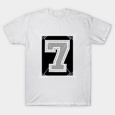 White t-shirt with bold number seven design in black and gray, casual wear, cotton fabric, unisex style.