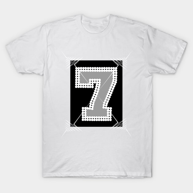 White t-shirt with bold number seven design in black and gray, casual wear, cotton fabric, unisex style.