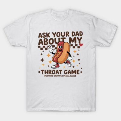 White t-shirt with playful hotdog graphic and humorous text, casual wear, comfortable cotton material.