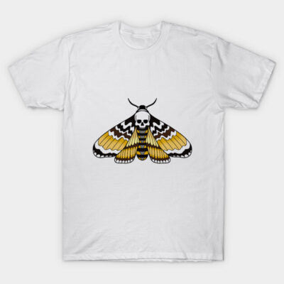 White T-shirt with skull moth design, cotton material, casual style, unisex fashion, graphic print, short sleeves.