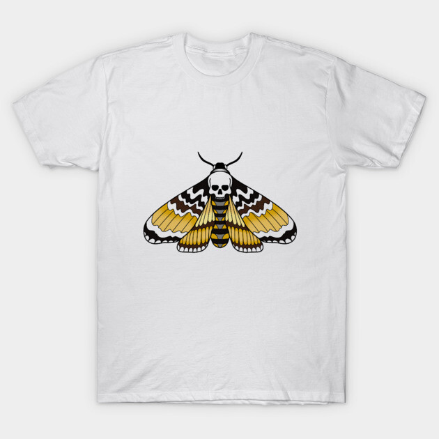 White T-shirt with skull moth design, cotton material, casual style, unisex fashion, graphic print, short sleeves.