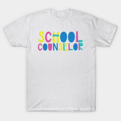 White "School Counselor" T-shirt with colorful text design, perfect for educators, made from soft cotton fabric.