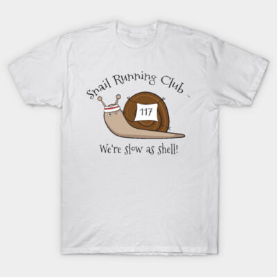White t-shirt with "Snail Running Club" design, featuring a cute snail illustration and humorous text. Cotton, casual style.