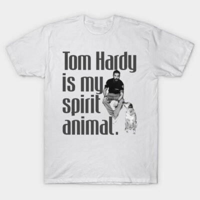 White graphic t-shirt with "spirit animal" text and dog print, casual style, cotton material for everyday wear.