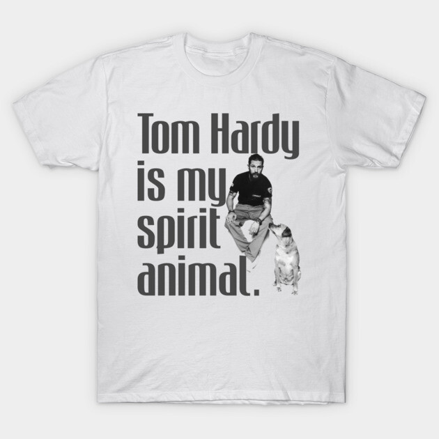White graphic t-shirt with "spirit animal" text and dog print, casual style, cotton material for everyday wear.