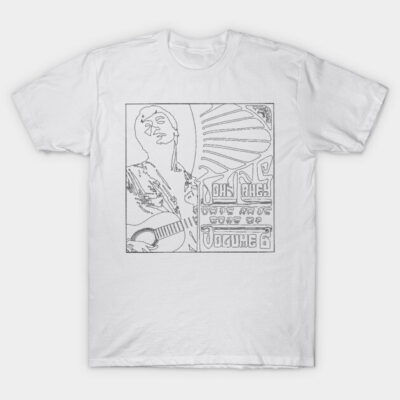 White unisex t-shirt with artistic black line drawing, featuring a guitar player, ideal for casual wear.